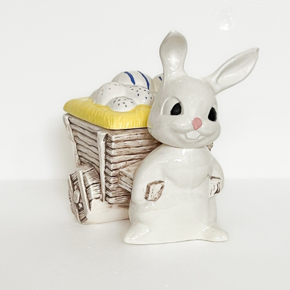 Vintage ceramic Easter bunny with cart of eggs. 70s bowl trinket box candy